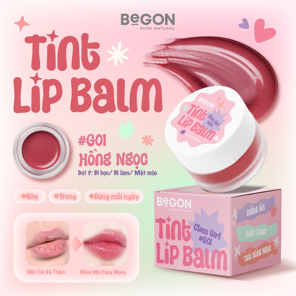 [G01  - Màu Hồng Ngọc] Son Dưỡng Môi Có Màu - Tint Lip Balm 5g | BeGON