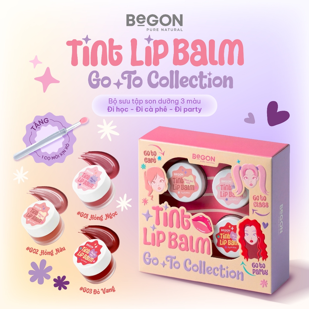 BEGON | GO TO COLLECTION - Set 3 Son Dưỡng Tint Lip Balm (5g x 3) [Màu G01-G02-G03] Tặng Cọ Son