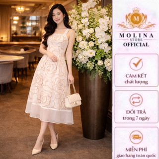 Đầm Hai Dây Ren Hoa Thêu Chữ Dáng A Thiết Kế Molina Thanh Lịch Nữ Tính, Phù Hợp Đi Tiệc Dạo Phố