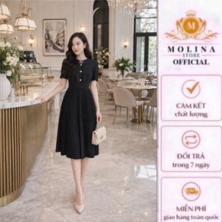 Đầm Nữ Xếp Ly Hoa Trà Thiết Kế Molina Hai Lớp Chất Tuyết Mưa Dày Dặn Tôn Dáng, Phong Cách Thanh Lịch Sang Trọng