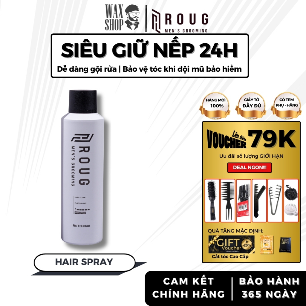 Gôm xịt tóc nam Roug Hair Spray 250ml chính hãng, keo xịt giữ nếp, tạo kiểu tóc - Waxshop - C2
