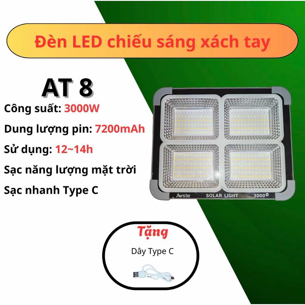 Đèn LED Chiếu Sáng Xách Tay Năng Lượng Mặt Trời AT08 3000W - Pin Khủng 7200mAh/10800mAh