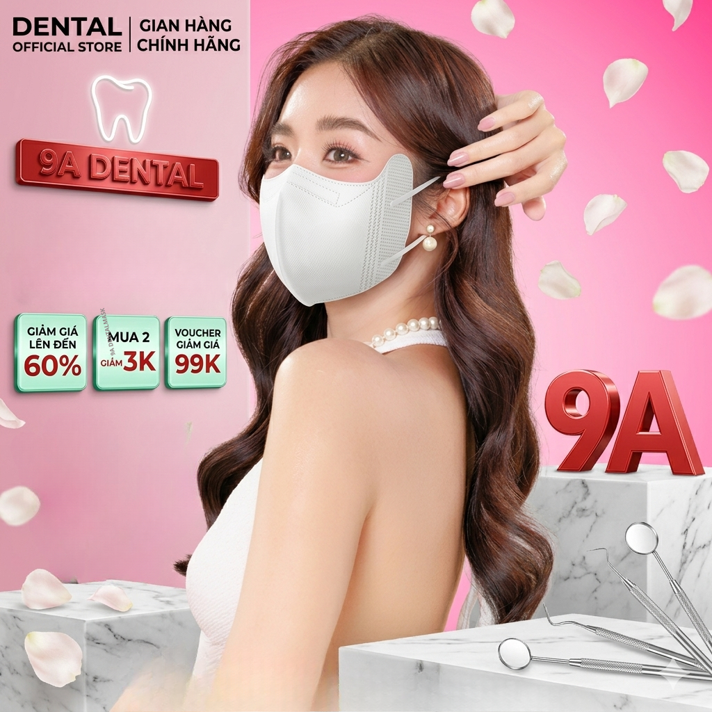 Thùng 200 Cái Khẩu trang 9A DENTAL 5 lớp NGƯỜI LỚN Kháng Khuẩn,Form rộng chống nắng và tia UV