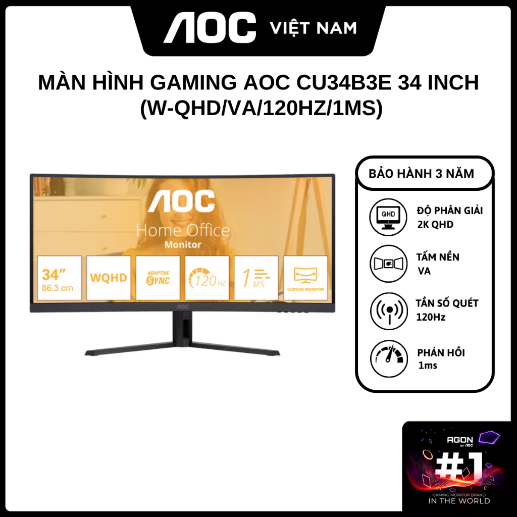 [New] Màn Hình Gaming AOC CU34B3E 34 inch 2K (W-QHD/VA/120Hz/1ms) - Hàng Chính Hãng