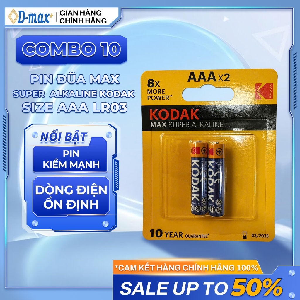 [Combo 10 Vỉ] Pin Đũa KODAK Max Super Alkaline Size AAA LR03
