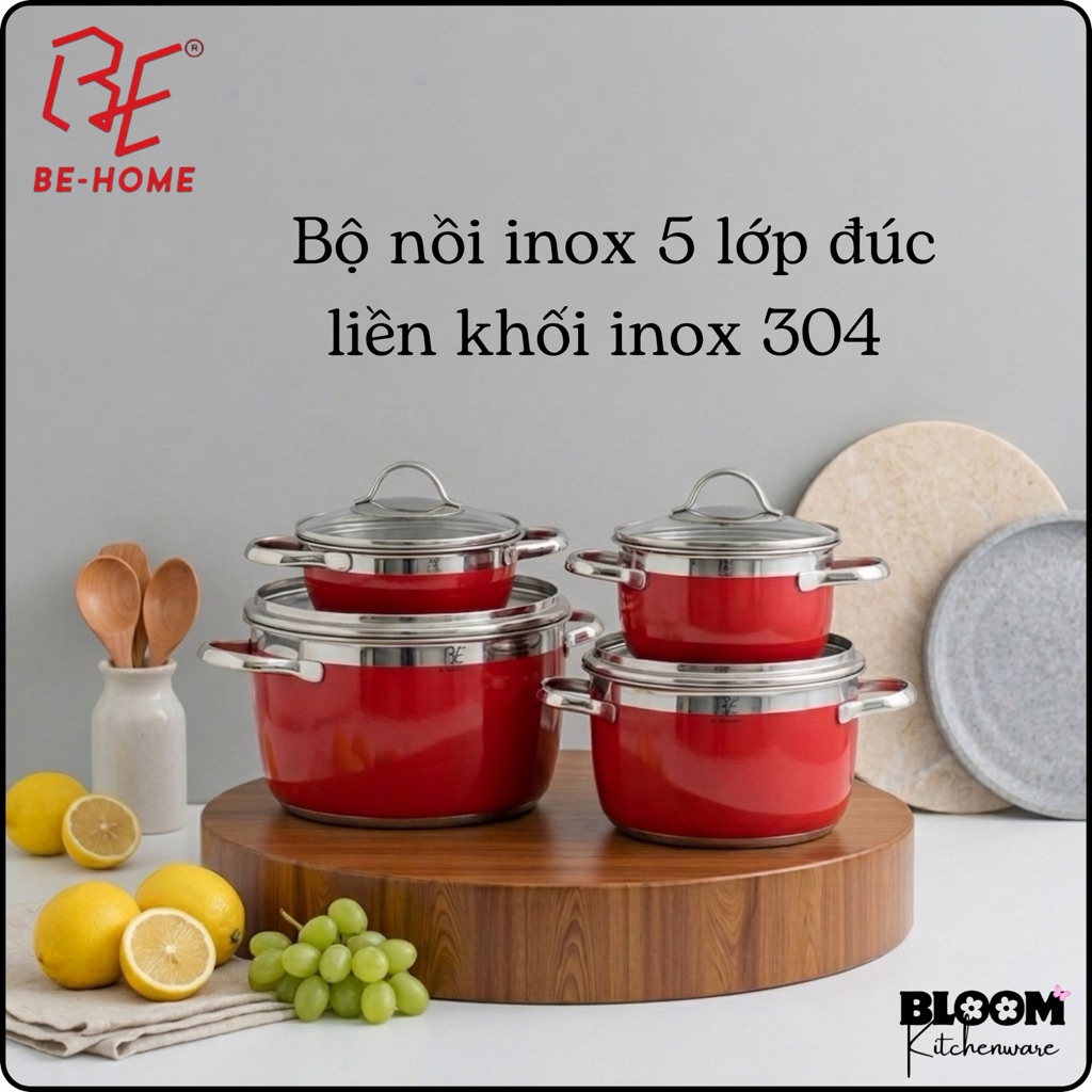 Bộ nồi inox BEHOME 5 lớp đúc liền khối inox 304 (màu đỏ)
