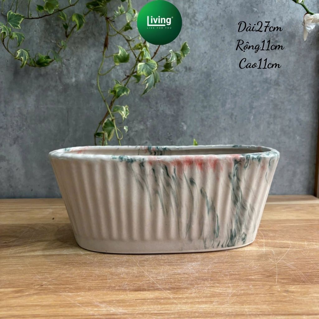 Chậu Sứ Trồng Cây Vân Đá Bắc Âu - Chậu Gốm Khía Sọc Decor Bàn Làm Việc | Living Decor