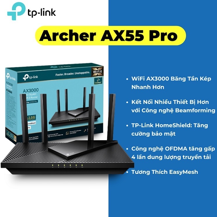 Bộ Phát Wifi6 TPLink Archer AX55 Pro Chuẩn AX3000Mbps 4 Ăngten ngoài ,Wifi Mesh