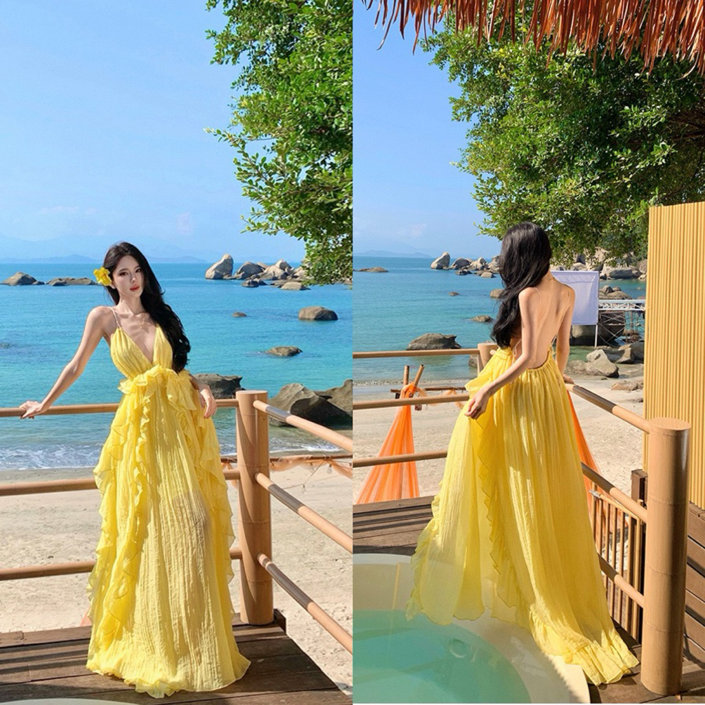 Lizz studio M708 Váy hai dây dáng dài màu vàng maxi đi biêtn phối bèo hở lưng