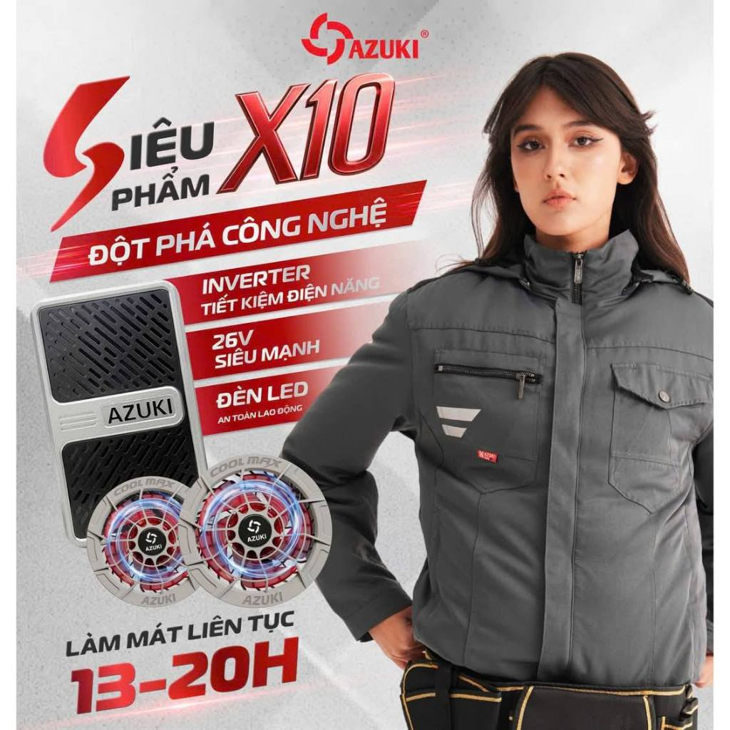 Áo Điều Hòa AZUKI EXTRA X10 New 2026, 24.000mAh, Quạt 26V Chạy 12-20H, Chống Nước, Sạc Nhanh 5H