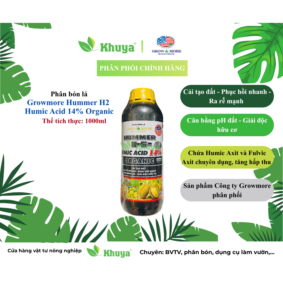 Phân bón lá Growmore Humer H2 Humic Acid 14% loại 1 lít