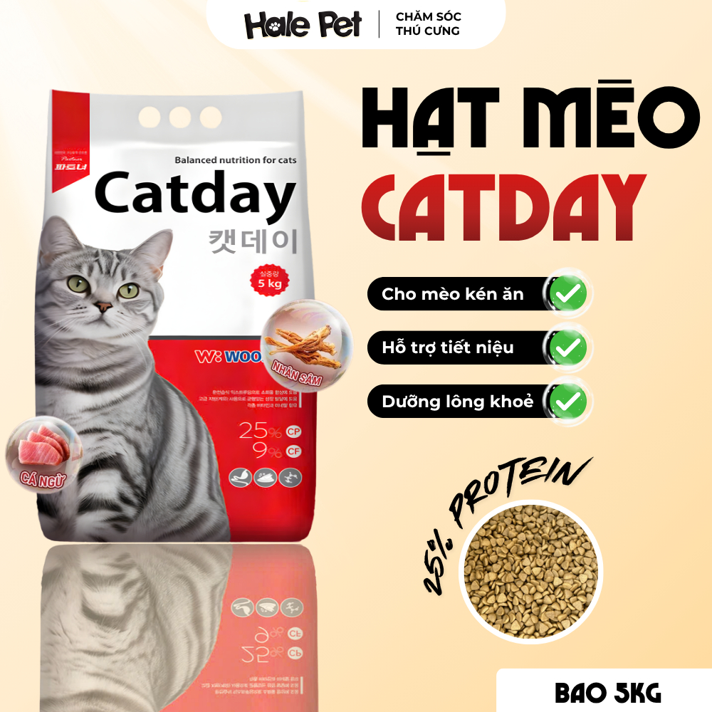 [BAO 5KG] Hạt cho mèo CATDAY - Đạm 25%, Yucca khử mùi, Hồng sâm tăng đề kháng, Hỗ trợ tiêu hoá