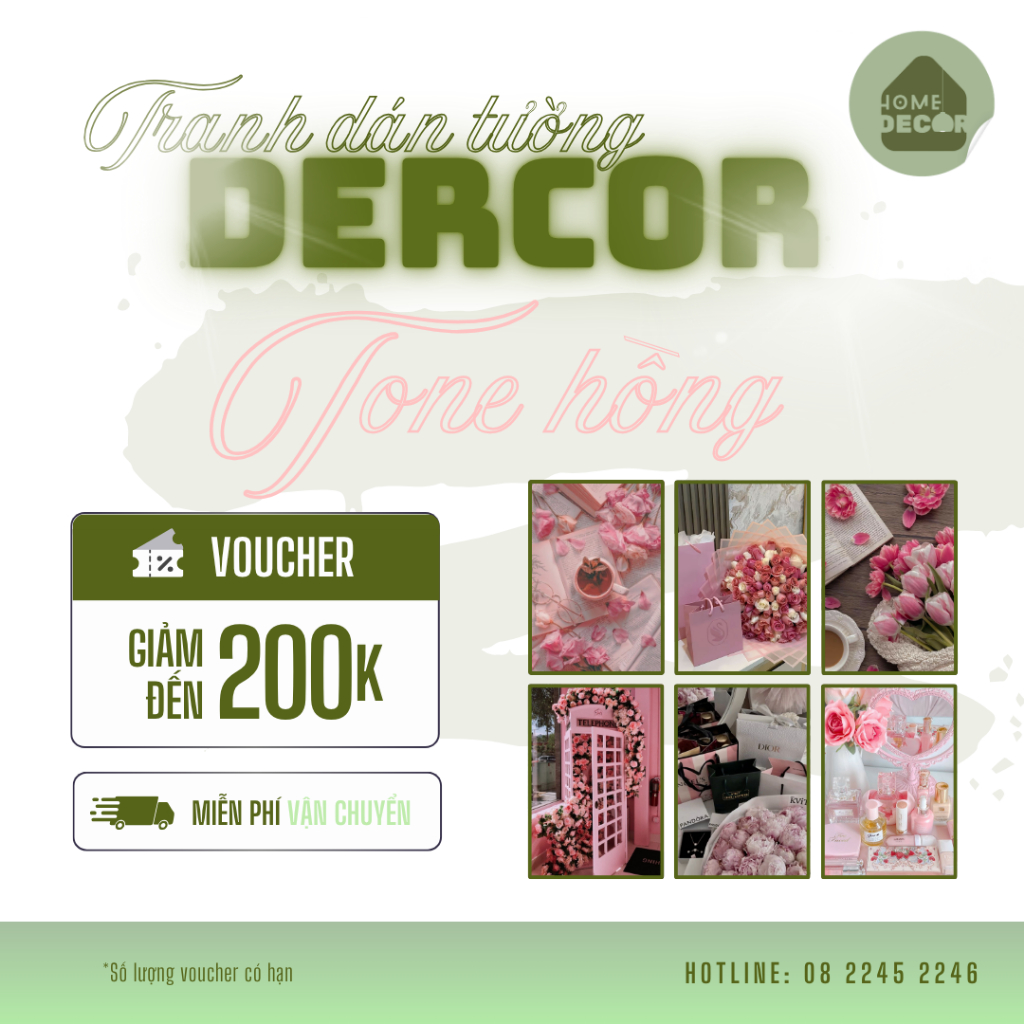 Tranh chủ đề HOA trang trí dán tường Atwork Đèn Decor tone hồng cute hiện đại trang trí phòng flower