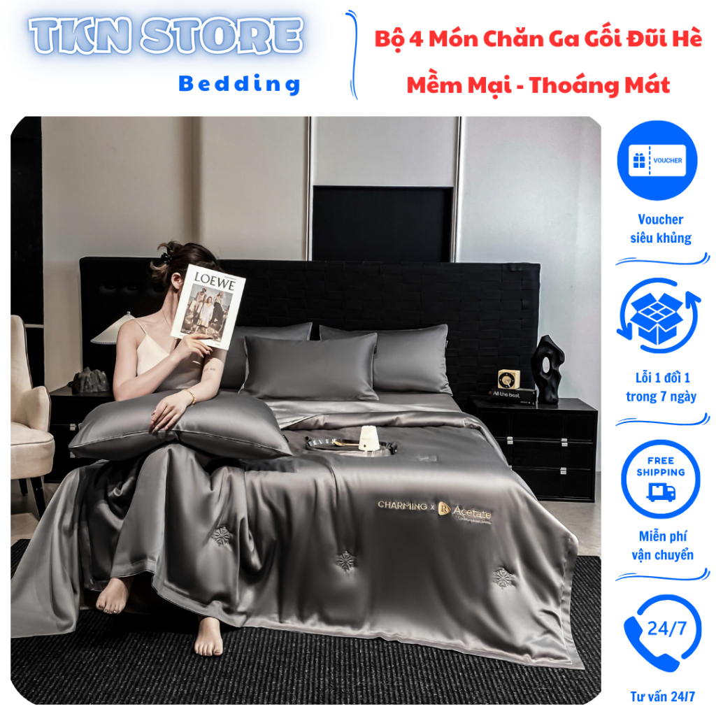 Bộ Chăn Ga Gối Phi Lụa CHARMING Phiên Bản Mới Hiện Đại, Chất Liệu Vải Mềm Mại - Chăn Trần Bông Sử Dụng 4 Mùa