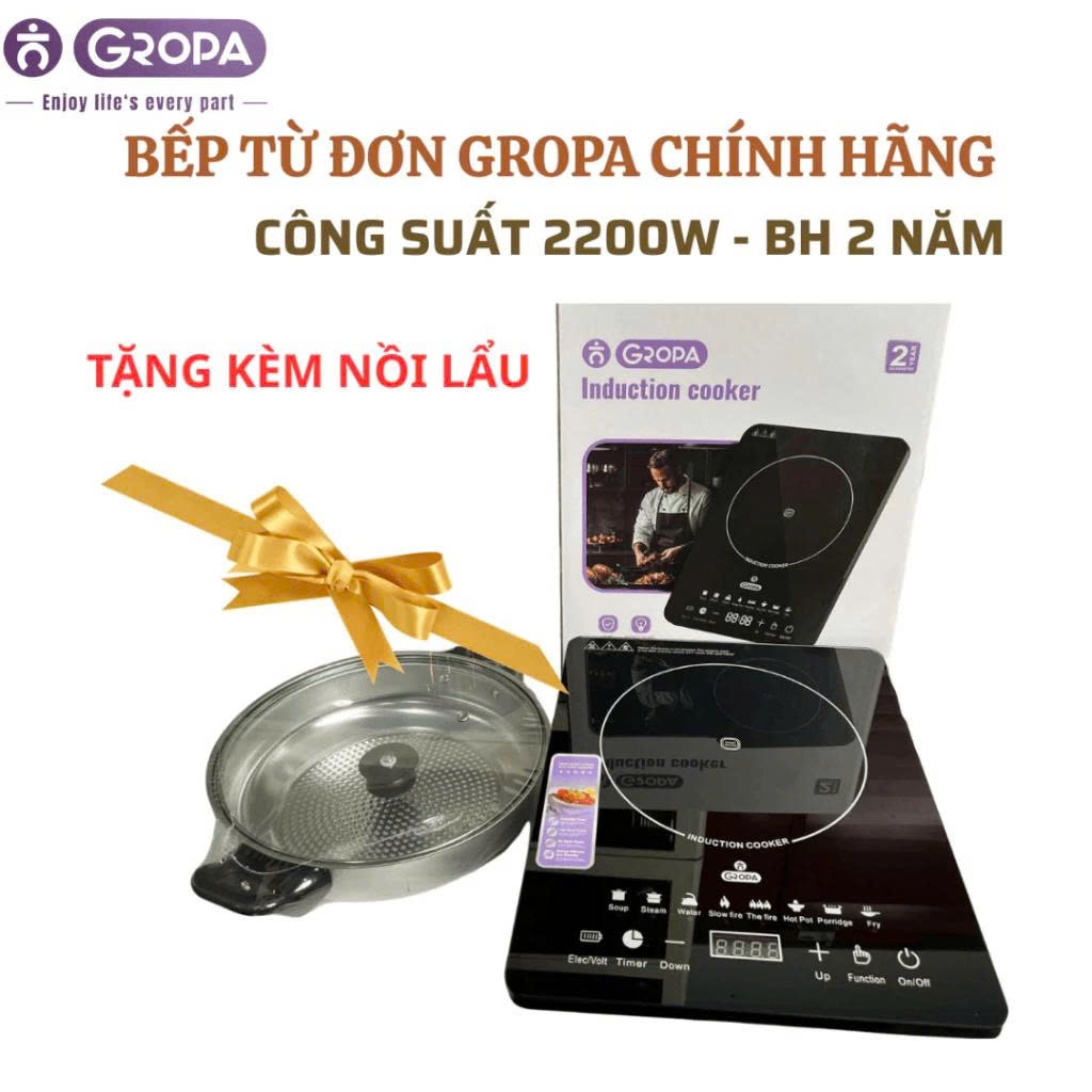 BẾP TỪ ĐƠN GROPA CÔNG SUẤT 2200W TẶNG KÈM NỒI LẨU , BẾP TỪ ĐƠN GROPA BẢO HÀNH 1 NĂM CHÍNH HÃNG