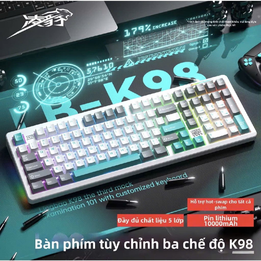 Bàn Phím Cơ Lingbao K98/ K98 Pro - 3 Mode - RGB - Mạch Xuôi - Màn TFT + Núm Xoay pin 10.000mAh