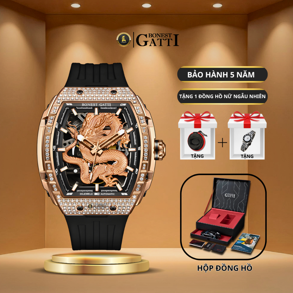 Đồng Hồ Nam Bonest Gatti BG5605 Rose Automatic In-house Mặt Rồng 3D Đính Đá Dây Cao Su Bảo Hành 5 Nă