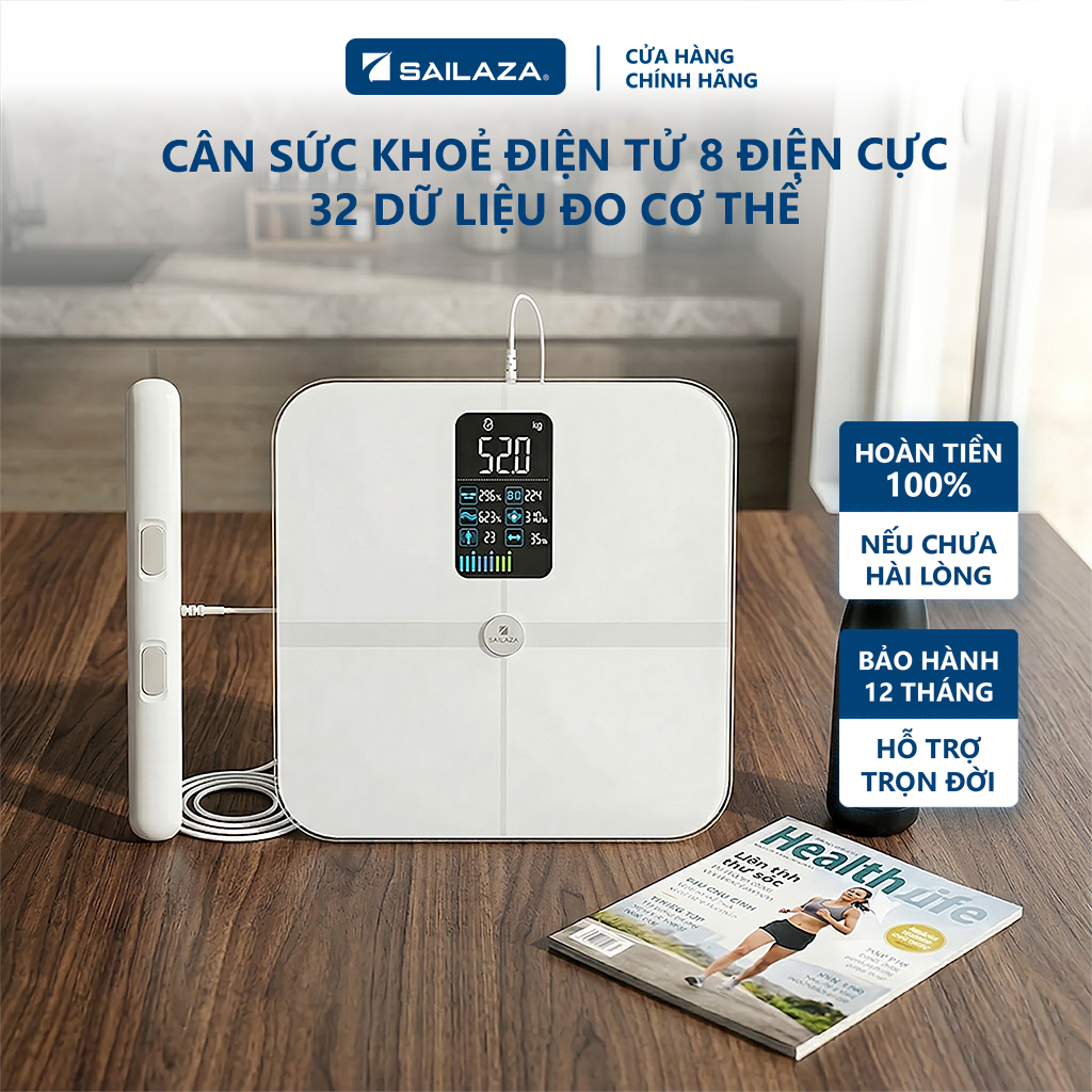 Cân Điện Tử Thông Minh 8 Điện Cực Sailaza SA-2312, Đo 30 Dữ Liệu Sức Khỏe Chính Xác