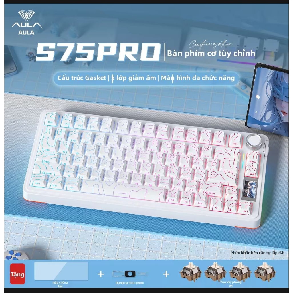 (new- sẵn hàng)bàn phím cơ không dây aula s75 pro 3 mode