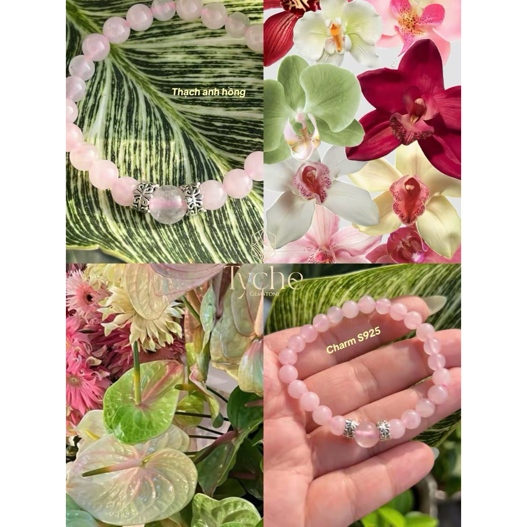 Vòng thạch anh hồng mix charm bạc