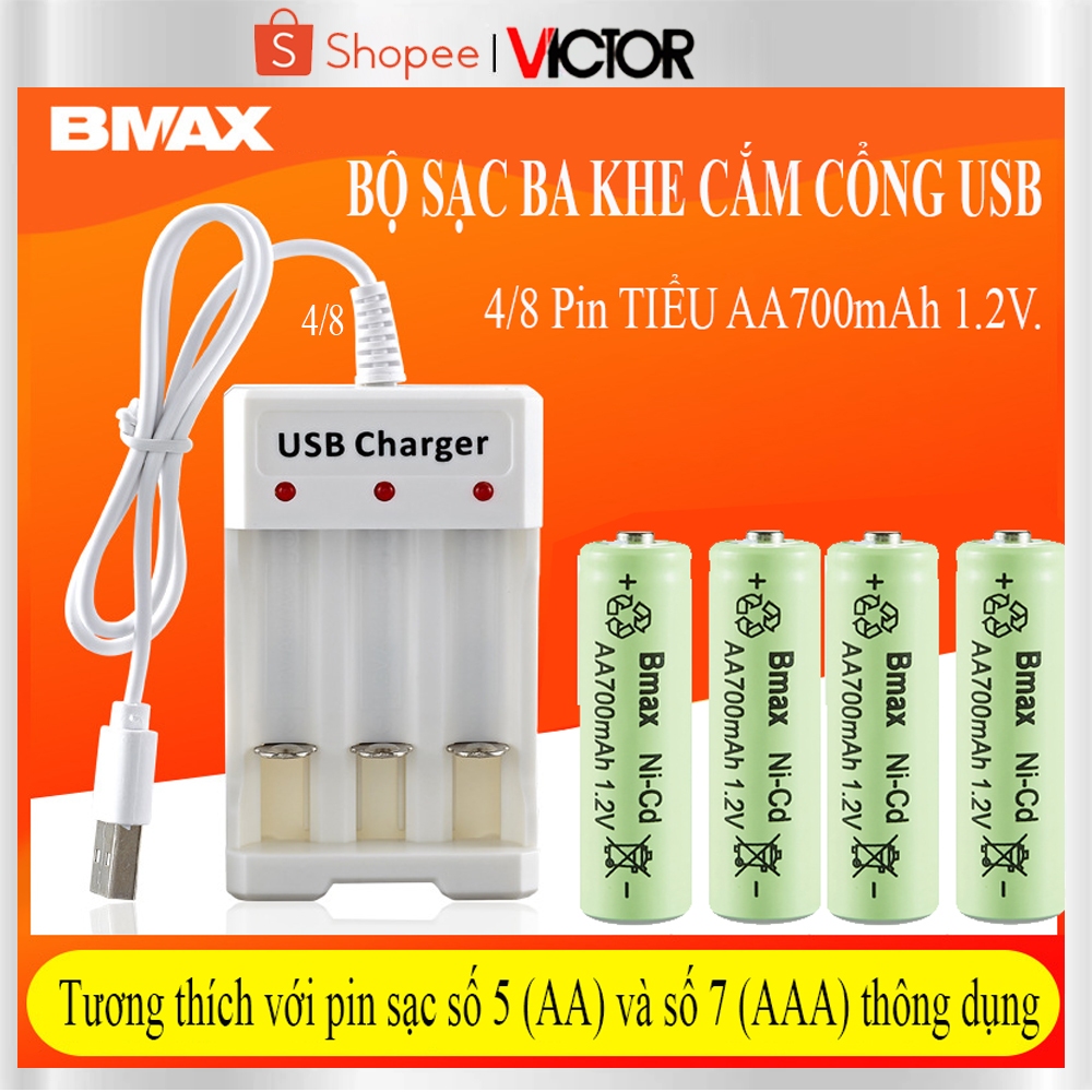 Bộ Sạc Pin AA AAA Bmax B-03 Cổng USB 3 Khe Sạc và 4/ 8 viên Pin tiểu sạc AA Bmax 700mAh