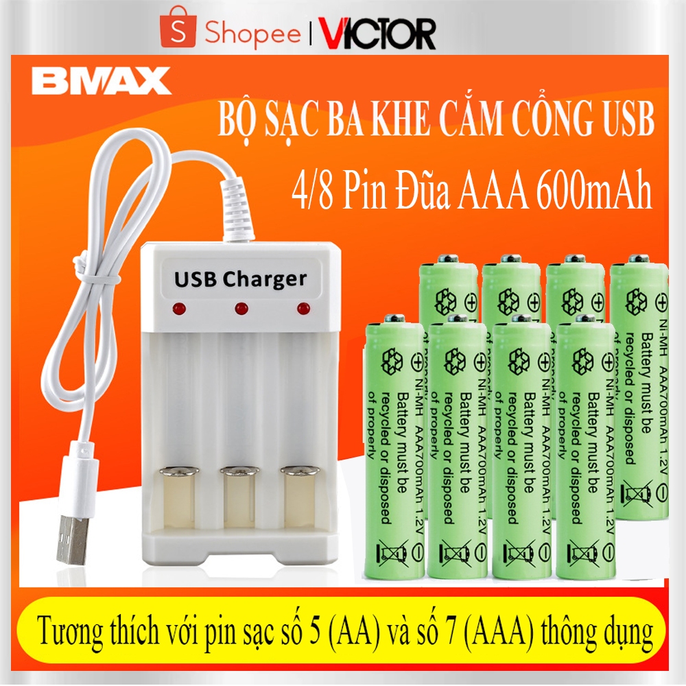 Bộ Sạc Pin AA AAA Bmax B-03 Cổng USB 3 Khe Sạc và 4/ 8 viên Pin đũa sạc AAA Bmax 600mAh