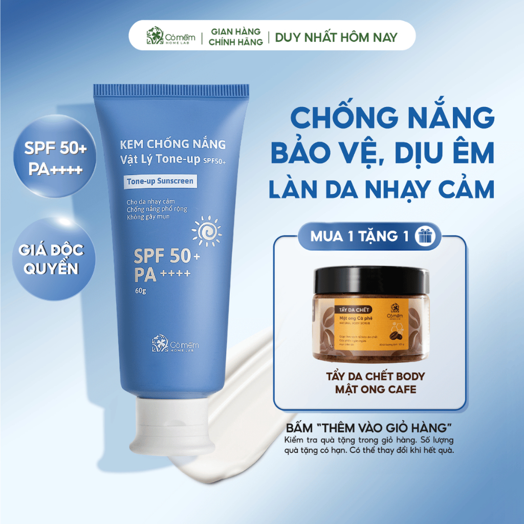 Kem Chống Nắng Vật Lý Nâng Tone SPF50+ PA++++ Tone Up Dưỡng Sáng Cho Da Nhạy Cảm Cỏ Mềm 60g
