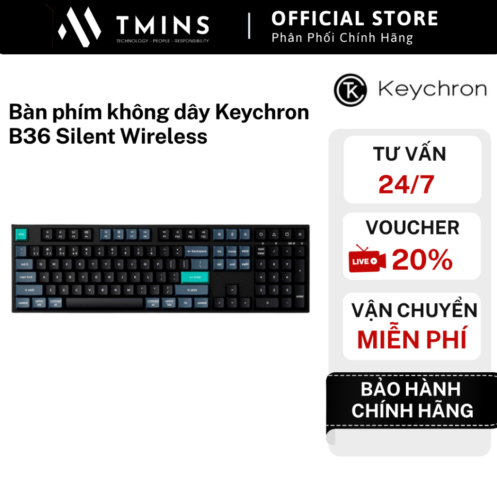 Bàn phím không dây Keychron B36 Silent Wireless | 3 Mode, Siêu mỏng nhẹ, Switch Silent siêu êm - Hàn