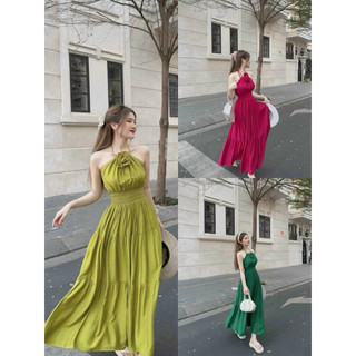 Đầm thời trang nữ mặc đi chơi chất lụa 100D mịn mát có mút ngực dây cổ yếm váy maxi qc