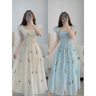 Đầm thời trang nữ mặc đi chơi chất voan hoa cao cấp 2 dây cánh tiên 1 màu, váy maxi dài đi biển có mút