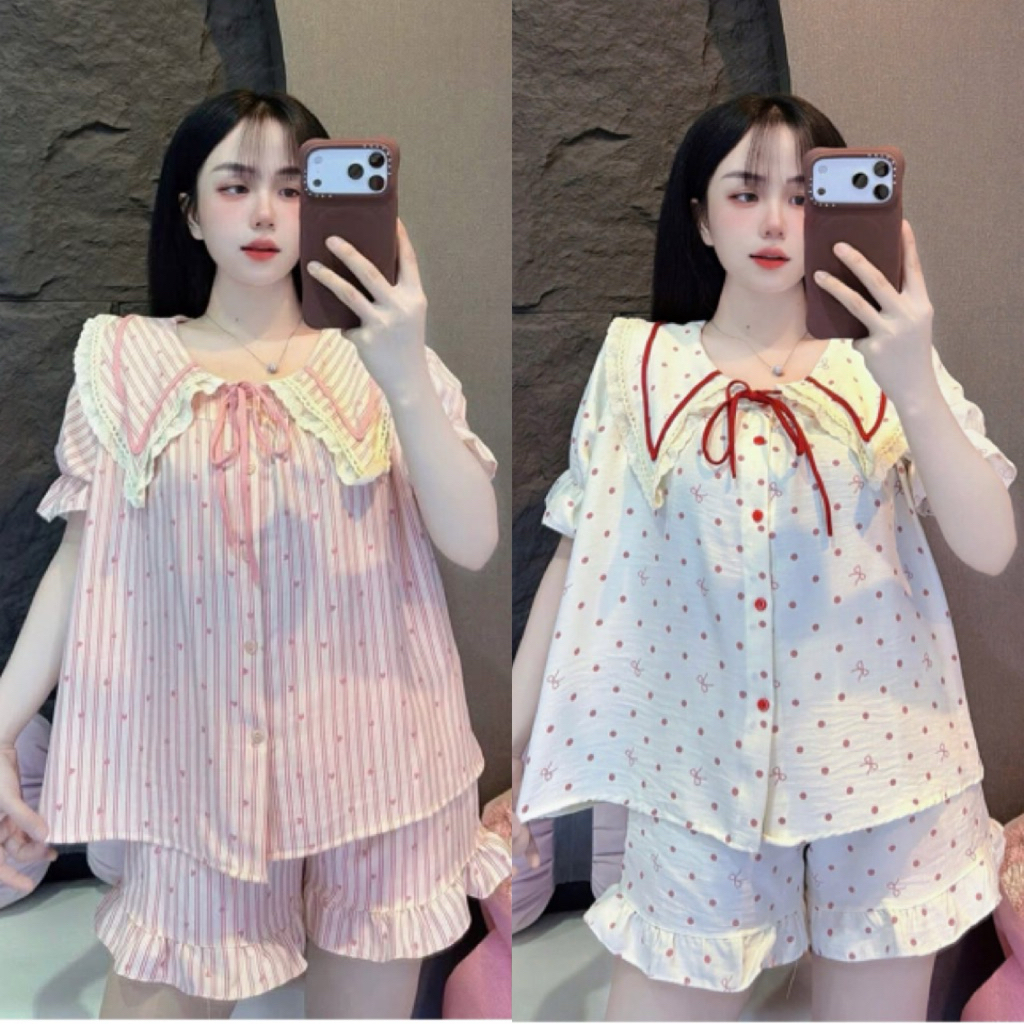 Set Bộ Nữ , Set Bộ Ngủ Pijama Đùi Cổ Viền A55