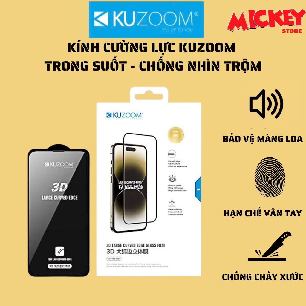 Kính cường lực Kuzoom trong suốt và chống nhìn trộm iphone 11 12 13 14 15 16 17promax pro plus