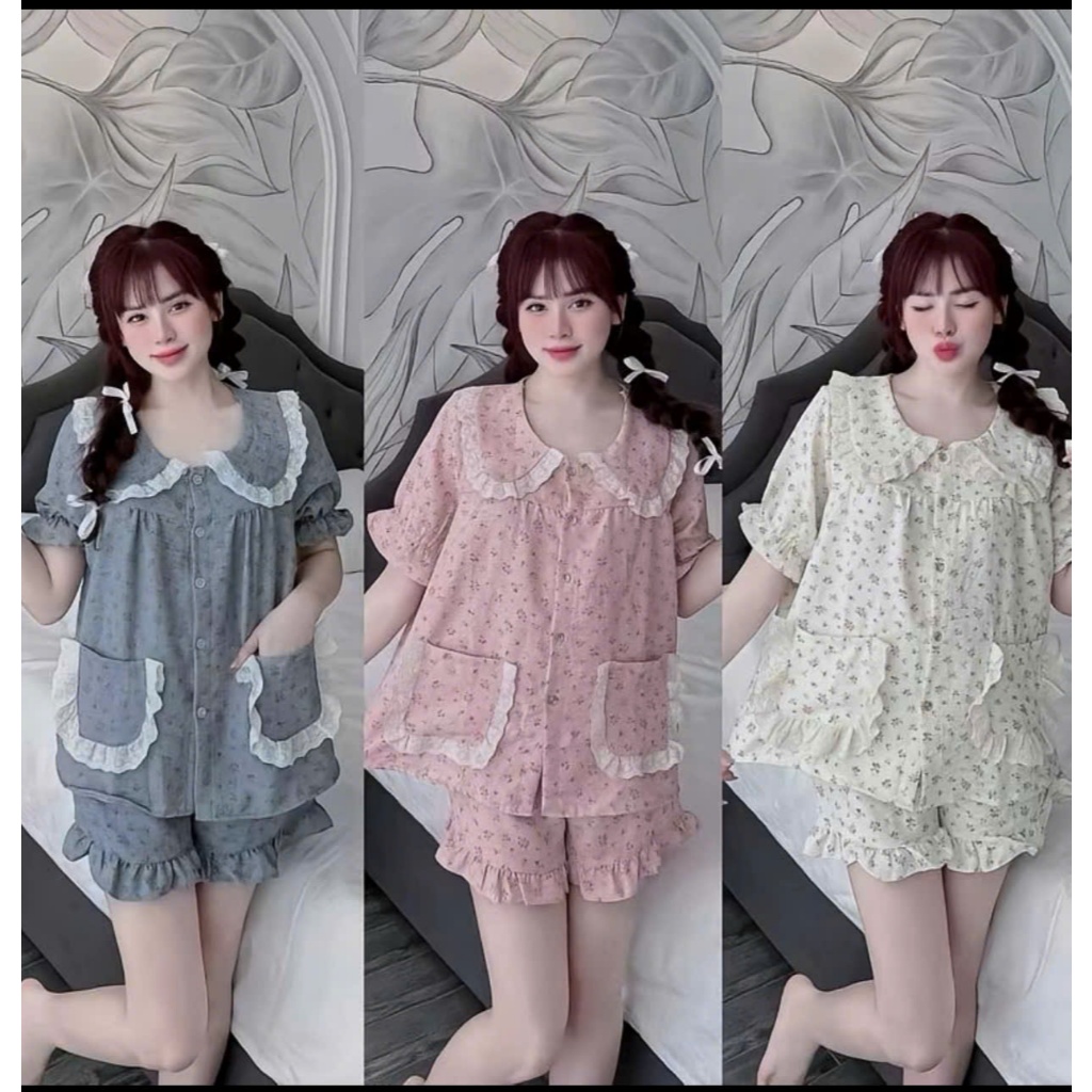 Bộ Hoa Nhí Mặc Nhà Cổ Sen Có Túi Chất Vân Mây Mềm Đẹp