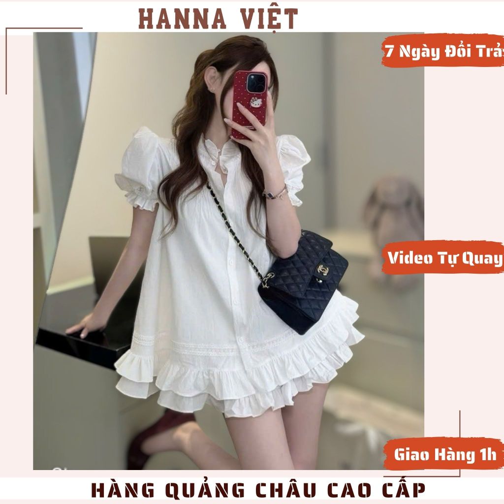 Set Đồ Nữ, Bộ Đồ Nữ, Set Áo Babydoll Trắng Tay Bồng Phối Quần Đùi Pha Gấu Bèo Loại 1 QCCC HCM Ms779