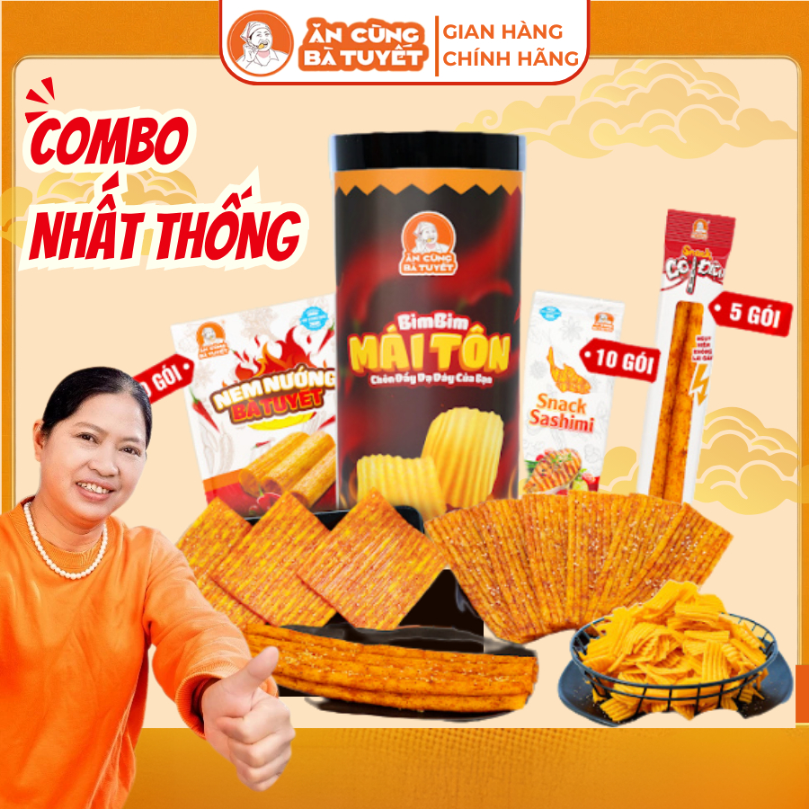 (Tặng 3 kobe + 4 thạch) Combo NHẤT THỐNG: 30 gói snack nem nướng + 1 hũ mái tôn + 10 sashimi + 5 sna