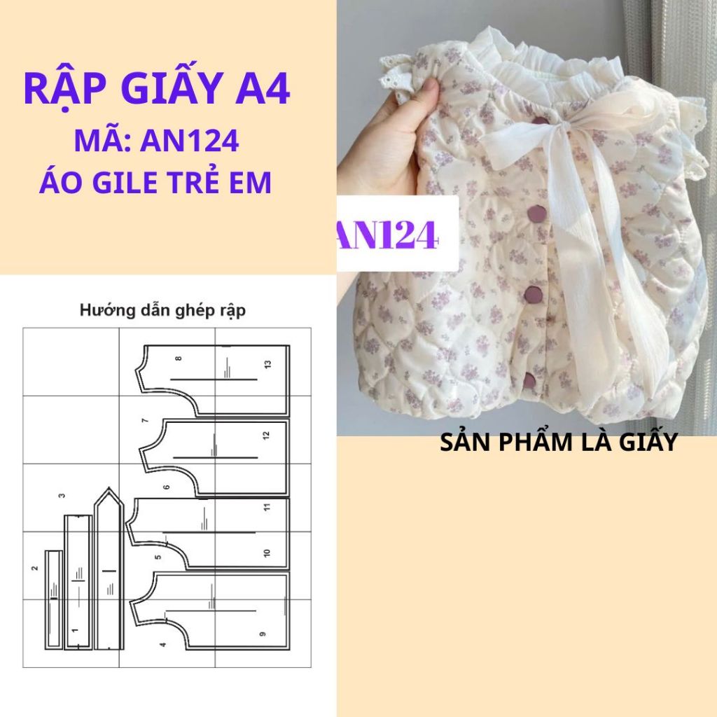 Rập GIẤY A4 cắt ghép may áo khoác gile phao bèo cổ bé gái - AN124