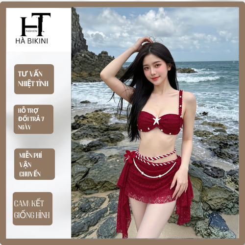 [Sẵn HCM ] HTK Sét Bikini  đi biển set 3 món ÁO ĐÍNH NGỌC ren mềm hàng thủ công cao cấp, Sang Chảnh HÀ BIKINI