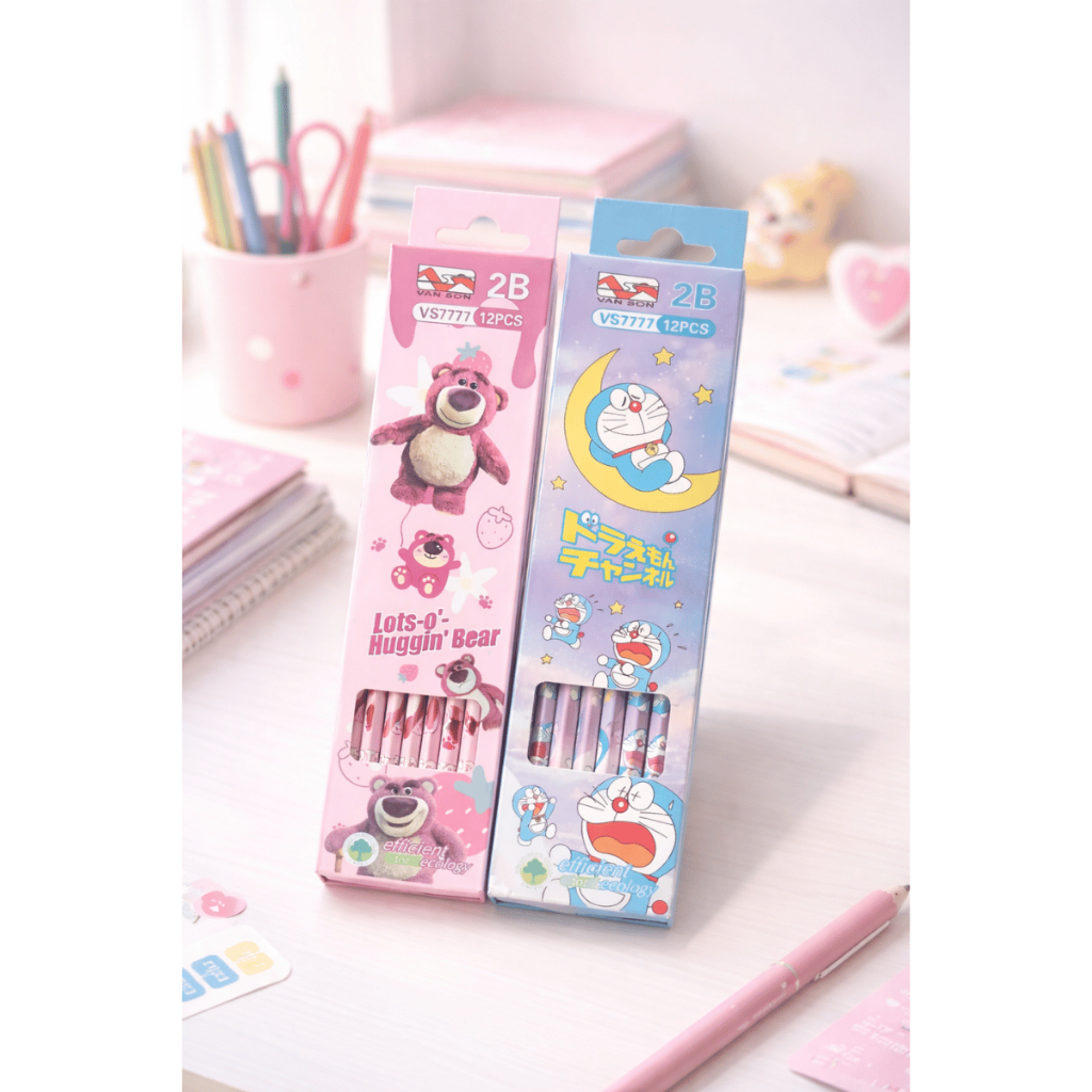 Hộp 12 Bút Chì Định Vị 2B – Bút Chì Viết Êm, Dễ Gọt, Hình Hoạt Hình Dễ Thương Cho Học Sinh