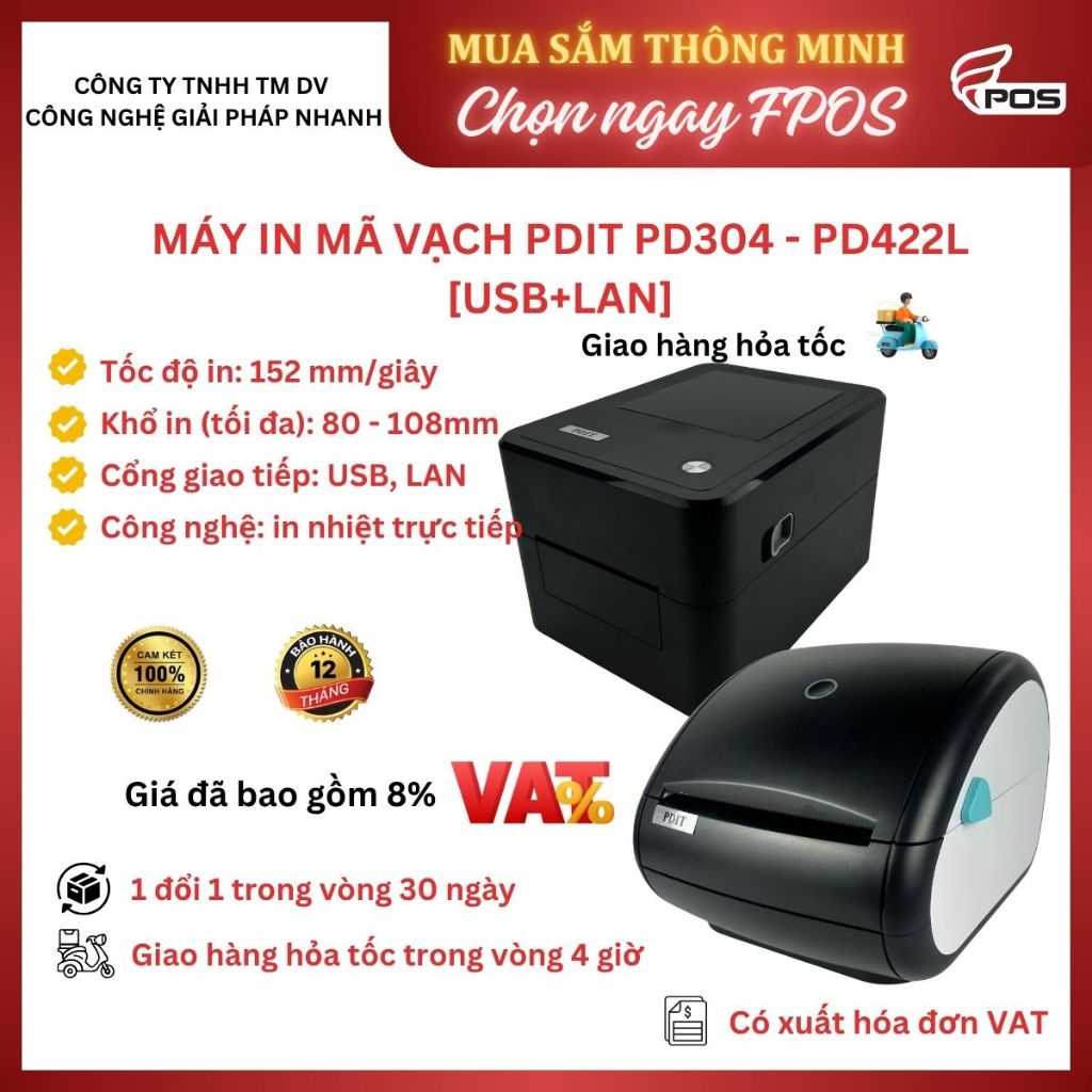 Máy in tem nhãn, mã vạch PDIT PD304 [USB + LAN] - (Giá đã bao gồm 8% VAT)
