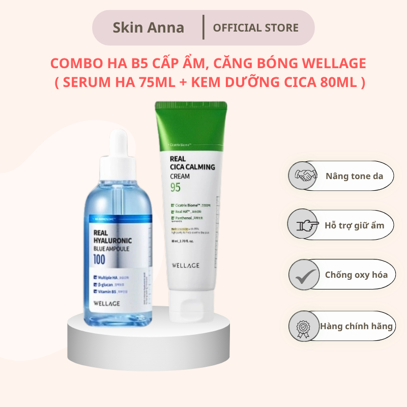 Combo Ha B5 Cấp Ẩm,siêu cấp nước, phục hồi, căng bóng Wellage Real Hyaluronic Line