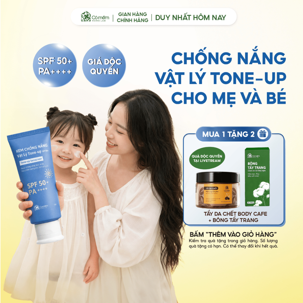 Kem Chống Nắng Nâng Tone Vật Lý Tone Up SPF50+ PA++++ Tone Up Cho Mẹ Và Bé Cỏ Mềm 60gr