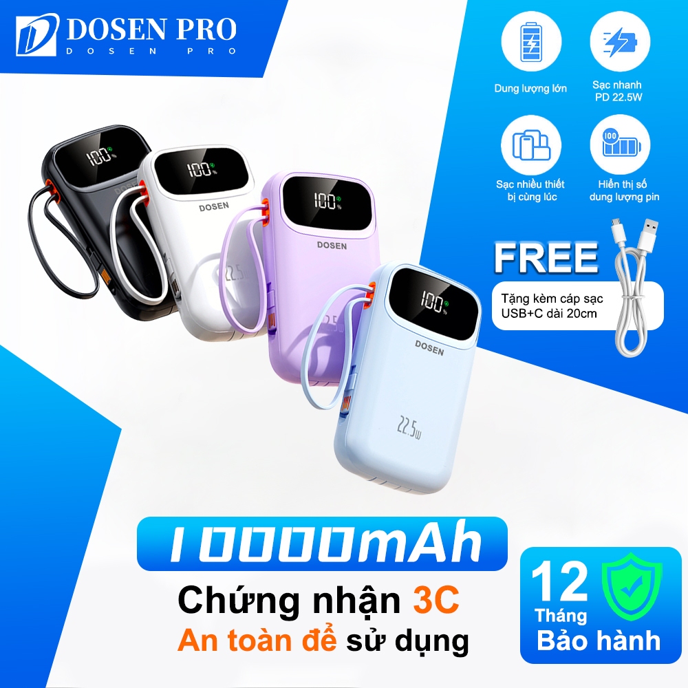 DOSEN Pro sạc dự phòng power bank pd22.5w 10000mah tự mang theo dây đôi pin dự phòng màn hình led tích hợp tích hợp