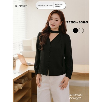 Áo sơ mi nơ nhún eo cổ có dây BIGSIZE (55kg đến 95kg) –  26HSM002 - [BU Bigsize Young]