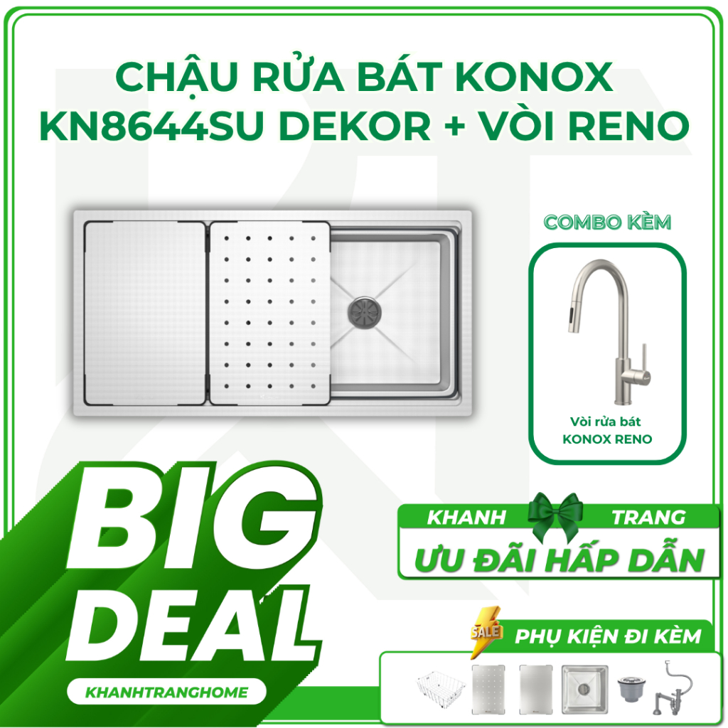 Chậu rửa bát KONOX KN8644SU DEKOR và vòi dây rửa rút Reno nóng lạnh có bảo hành - Khánh Trang Home 2