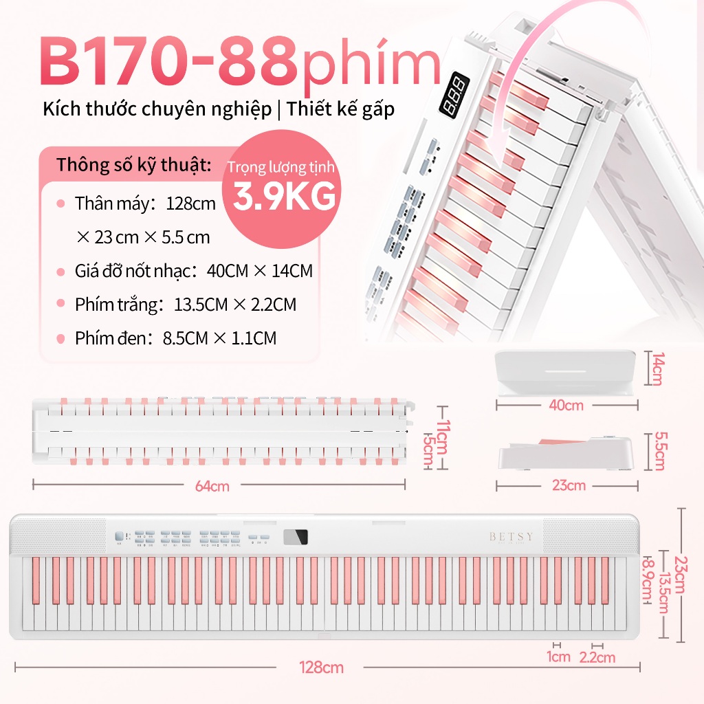 Dàn piano điện gấp, BETSY B170， 88 phím bàn phím cho người lớn mới bắt đầu, tặng quà cho bạn bè