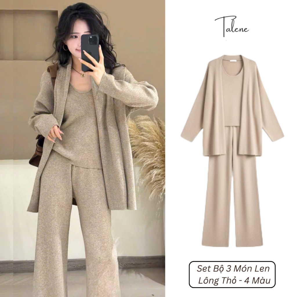 Set Bộ 3 Món Len Lông Thỏ Gồm Áo Khoác Cardigan Kèm Áo Hai Dây Phối Quần Suông Ống Rộng Thời Trang T