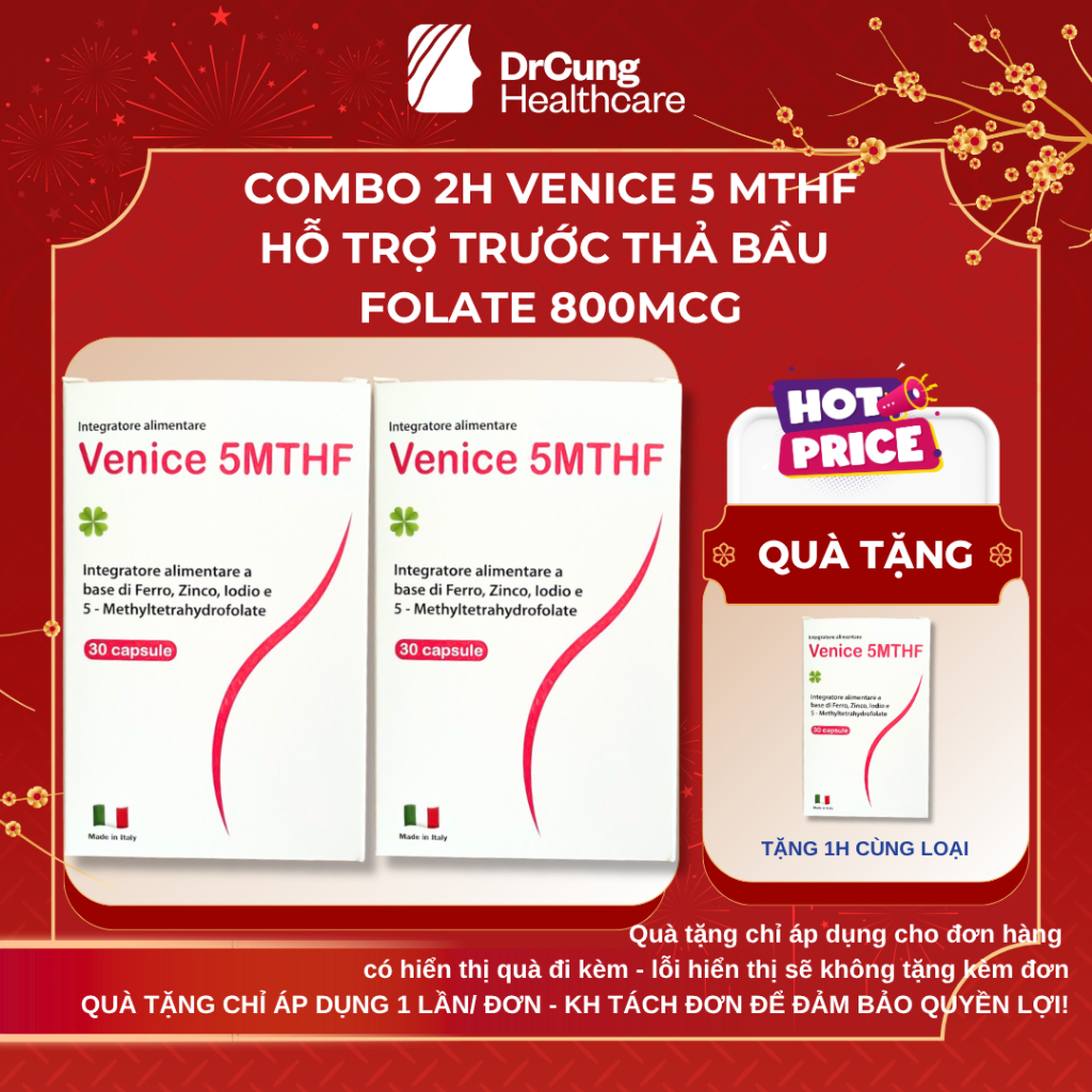 [COMBO 2 HỘP] Venice 5-MTHF - Bổ Sung Sắt, 5MTHF Hỗ Trợ Giảm Nguy Cơ Thiếu Máu (Hộp 30 Viên)