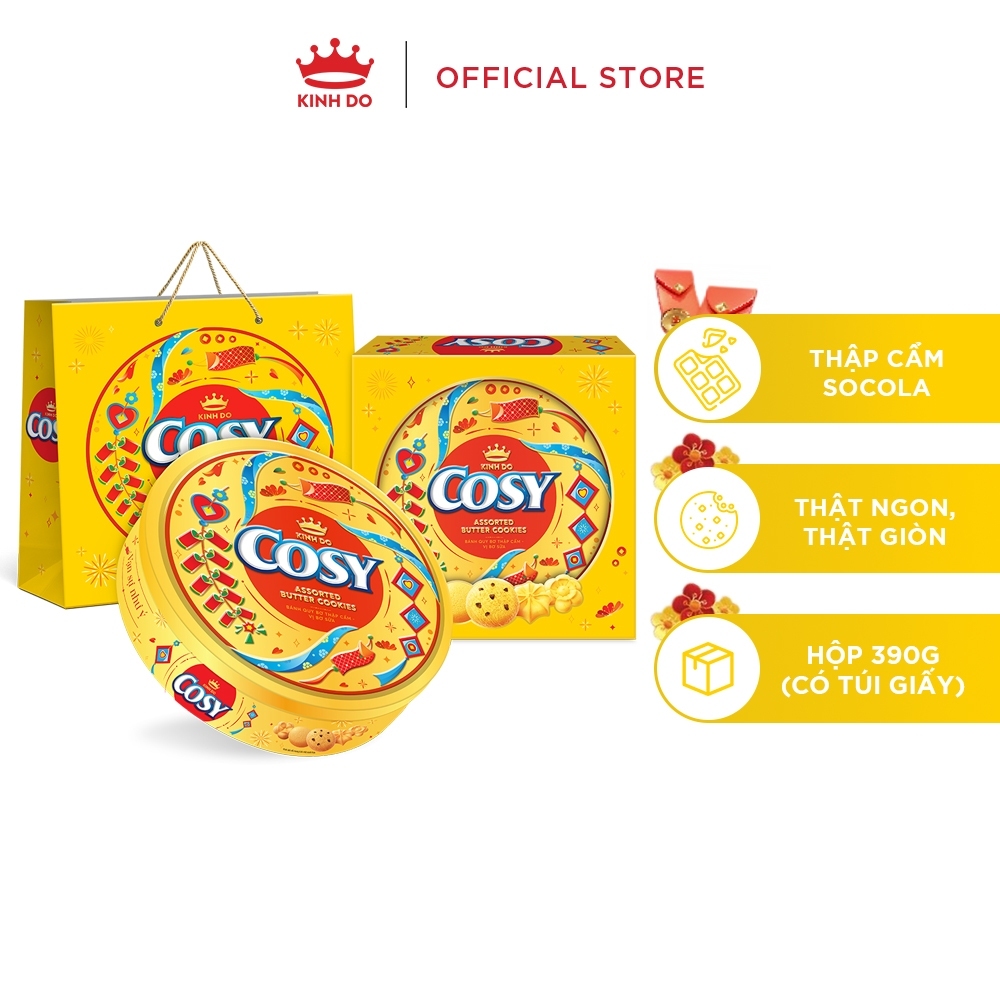 (Chính hãng) Hộp Thiếc Bánh Quy Cosy Tết 2026 Thập Cẩm Sôcôla 390g có kèm túi giấy