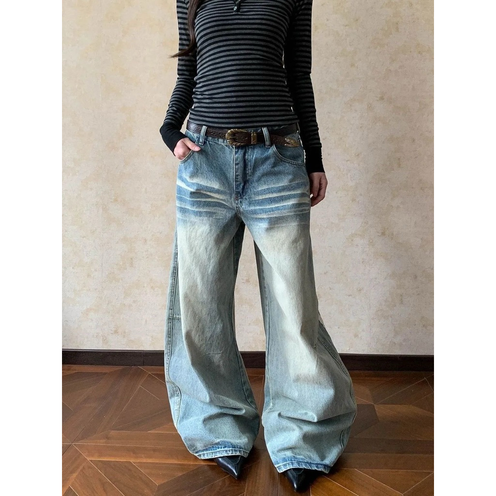 Quần Jeans Ống Rộng Unisex Wash Màu Vintage Phối Sọc Trắng Hoạ Tiết Túi Sau-Stressout | BigBuy360 - bigbuy360.vn