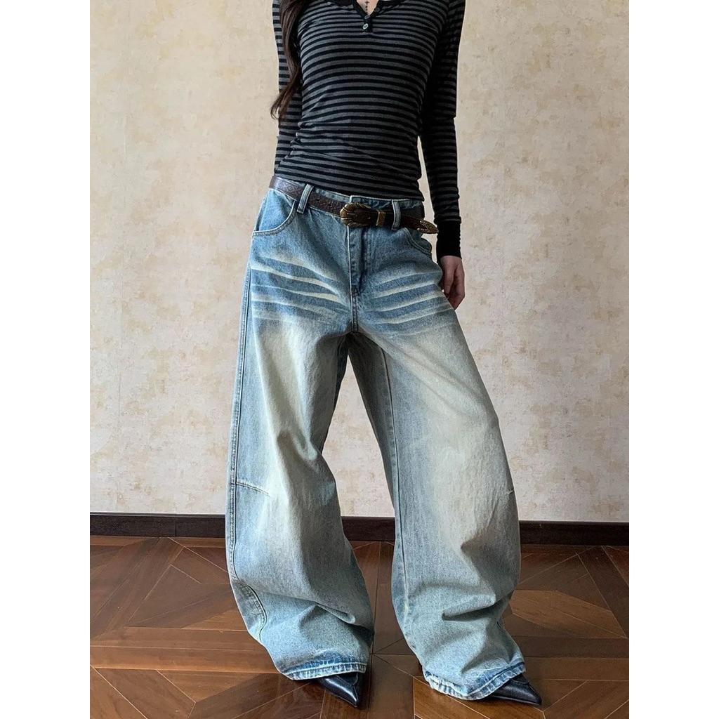 Quần Jeans Ống Rộng Unisex Wash Màu Vintage Phối Sọc Trắng Hoạ Tiết Túi Sau-Stressout | BigBuy360 - bigbuy360.vn